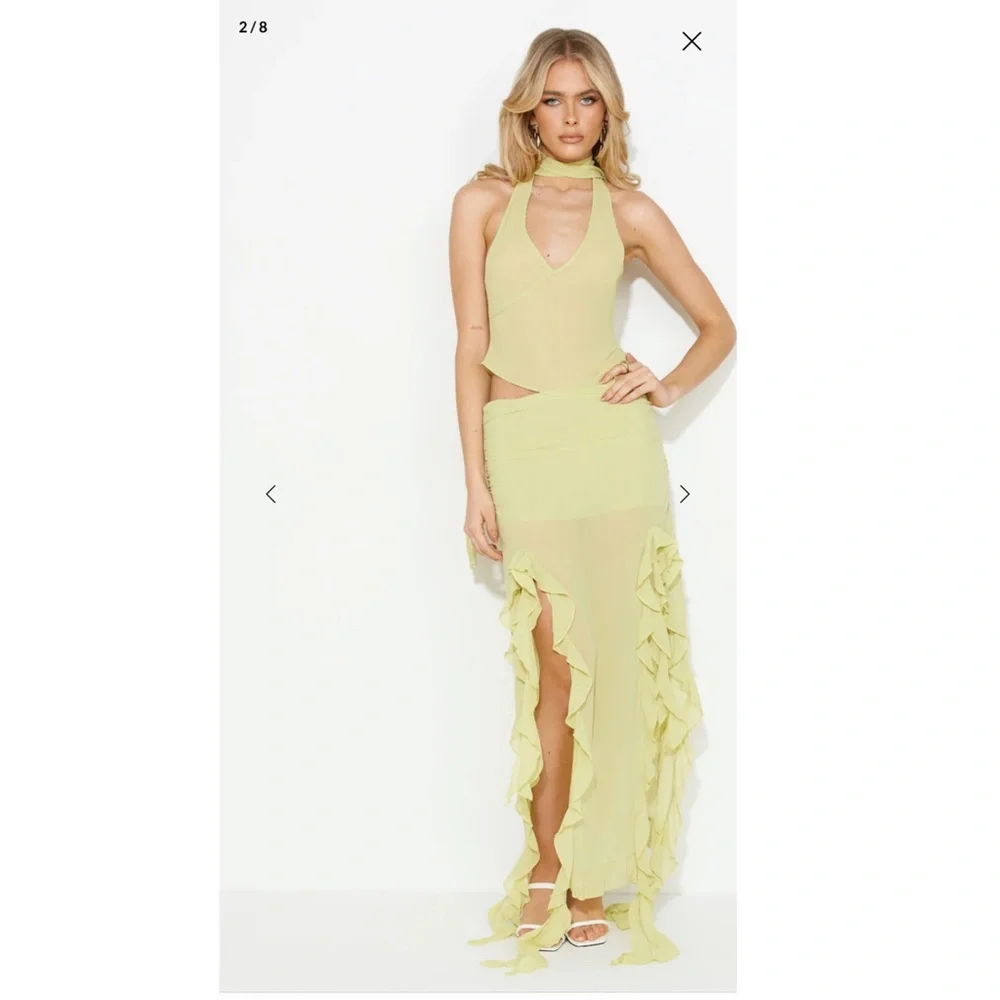 Lioness Lime Chiffon Maxi Skirt with Asymmetrical Hem, Ruching, and Ruffles - Picture 5 of 9
